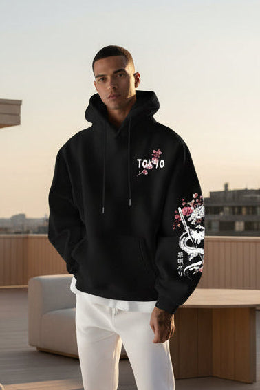 Men'S Anime-Style Dragon-Patterned Cherry Blossom Print Hooded Pullover for Winter Warmth, Loose and Casual Style