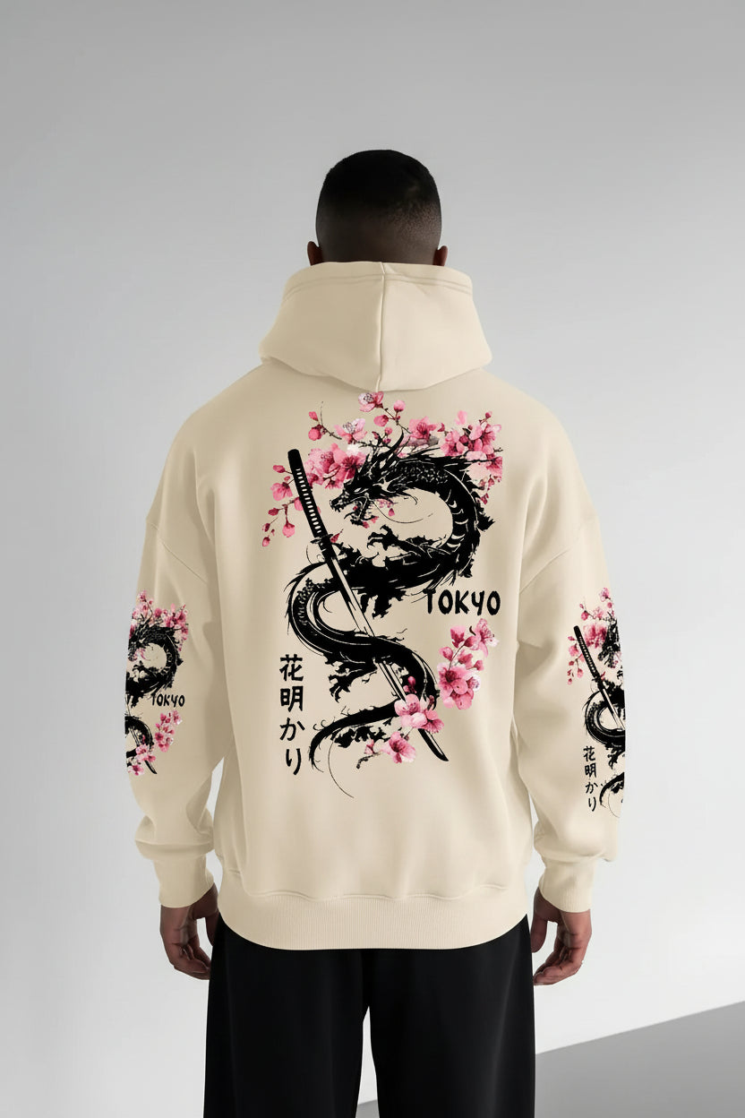 Men'S Anime-Style Dragon-Patterned Cherry Blossom Print Hooded Pullover for Winter Warmth, Loose and Casual Style