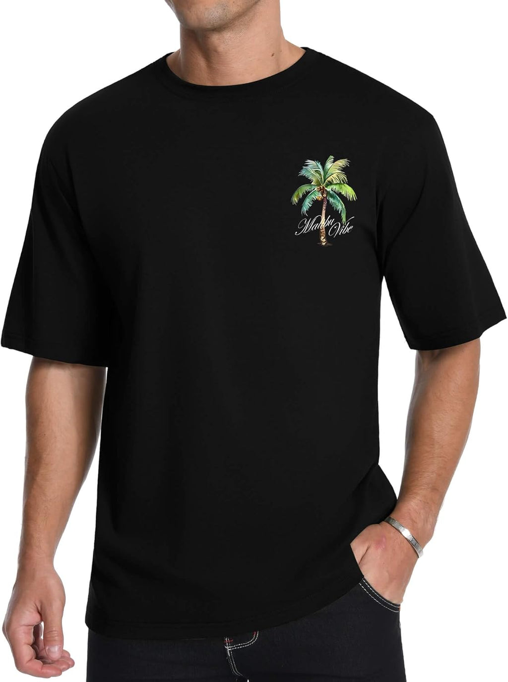 Mens Graphic T-Shirts Short Sleeve Malibu Vibe Palm Tree Print Top 100% Cotton Casual California Tees for Men