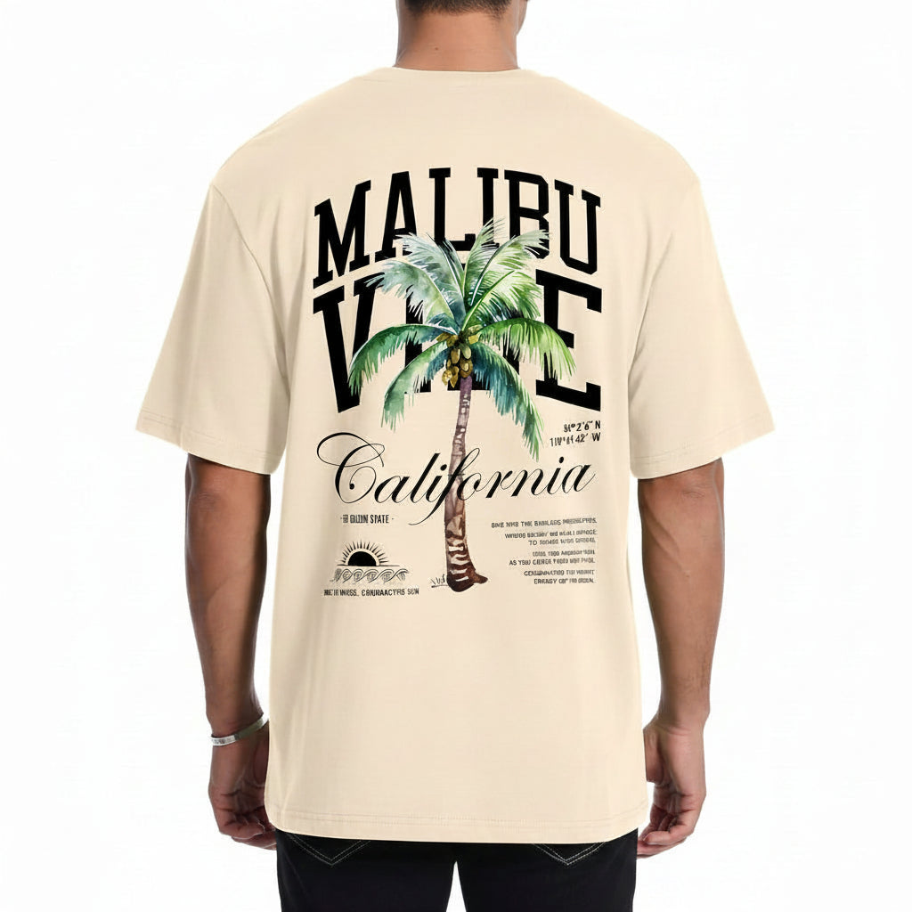 Mens Graphic T-Shirts Short Sleeve Malibu Vibe Palm Tree Print Top 100% Cotton Casual California Tees for Men