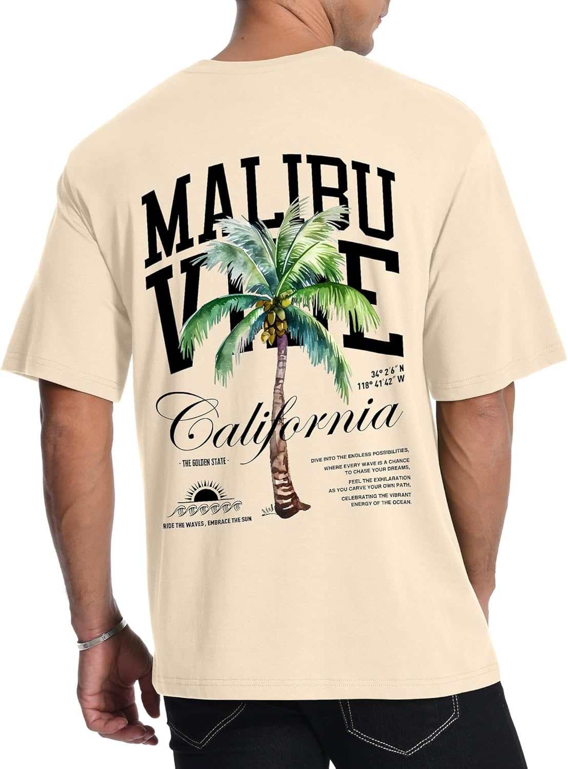 Mens Graphic T-Shirts Short Sleeve Malibu Vibe Palm Tree Print Top 100% Cotton Casual California Tees for Men