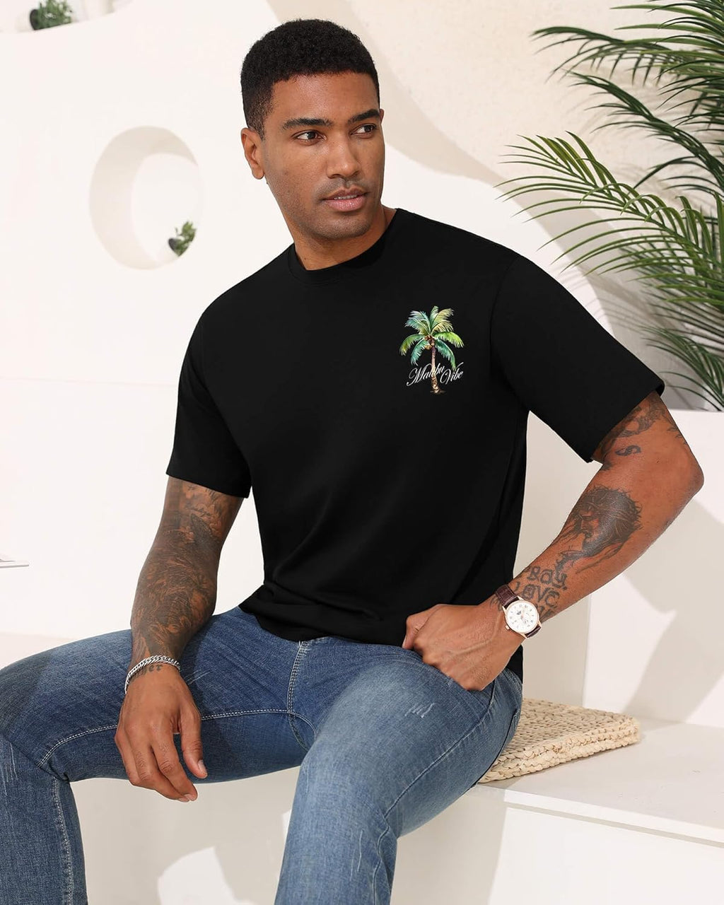 Mens Graphic T-Shirts Short Sleeve Malibu Vibe Palm Tree Print Top 100% Cotton Casual California Tees for Men