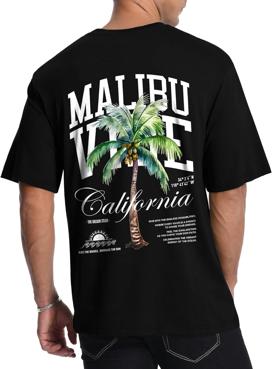 Mens Graphic T-Shirts Short Sleeve Malibu Vibe Palm Tree Print Top 100% Cotton Casual California Tees for Men