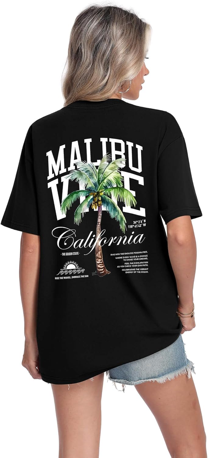 Mens Graphic T-Shirts Short Sleeve Malibu Vibe Palm Tree Print Top 100% Cotton Casual California Tees for Men