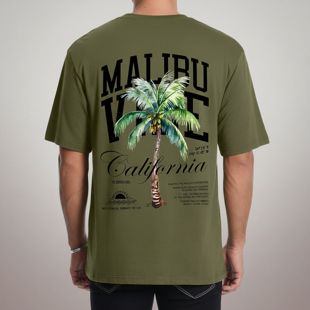 Mens Graphic T-Shirts Short Sleeve Malibu Vibe Palm Tree Print Top 100% Cotton Casual California Tees for Men