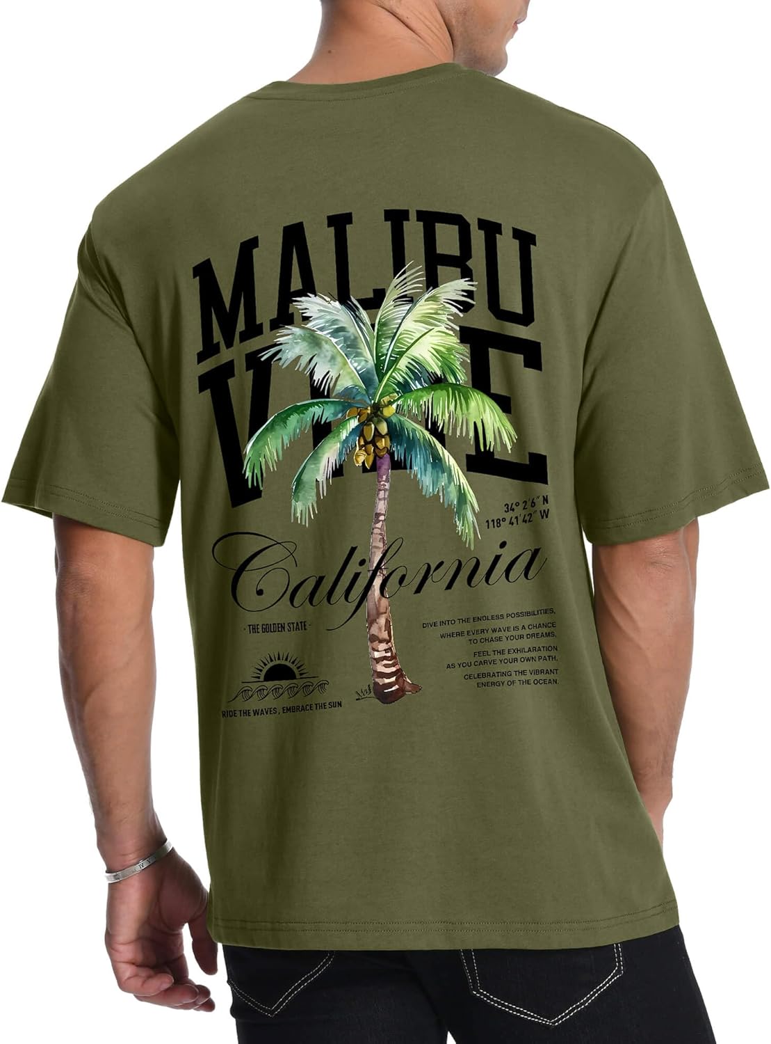 Mens Graphic T-Shirts Short Sleeve Malibu Vibe Palm Tree Print Top 100% Cotton Casual California Tees for Men