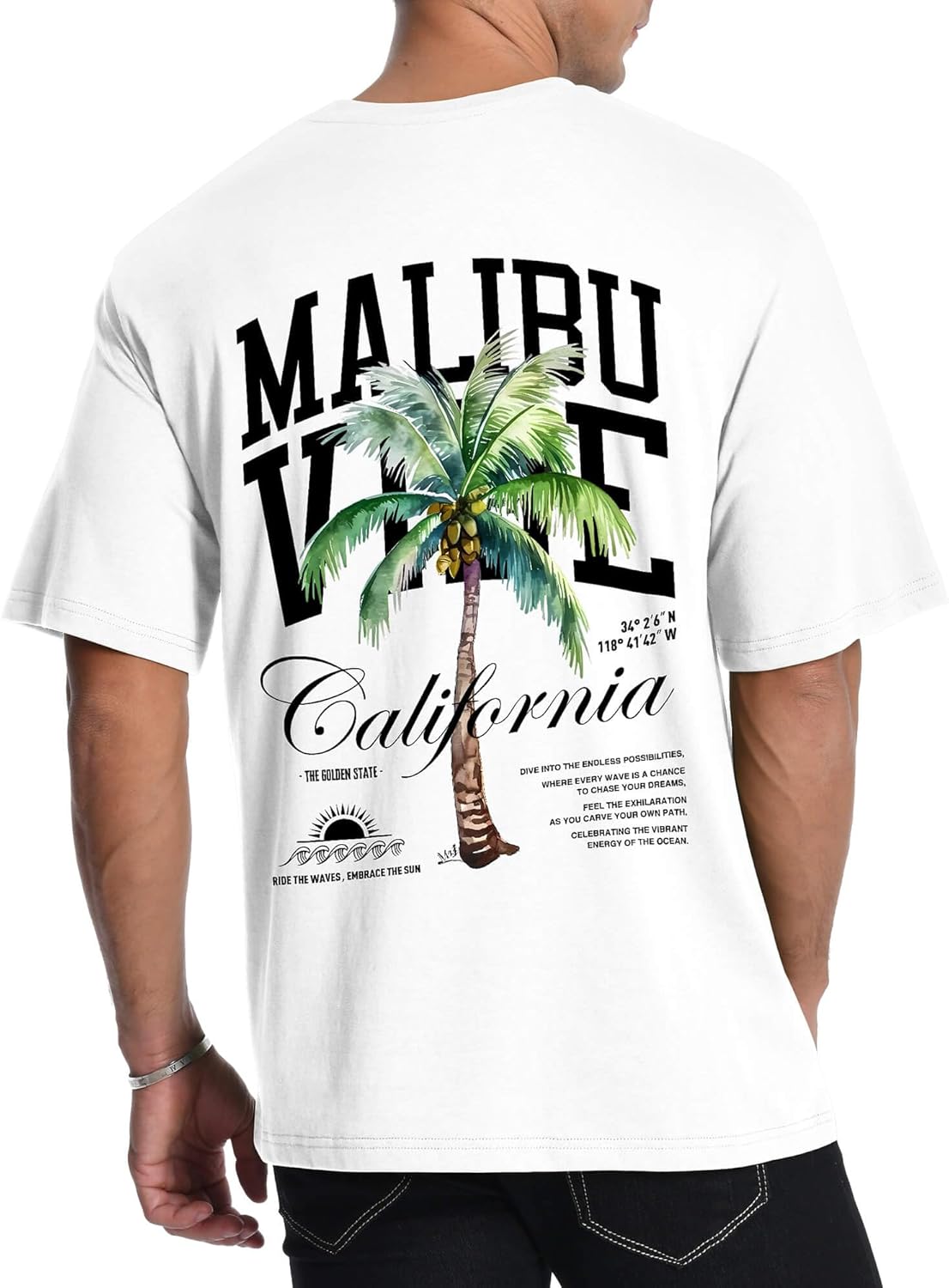 Mens Graphic T-Shirts Short Sleeve Malibu Vibe Palm Tree Print Top 100% Cotton Casual California Tees for Men