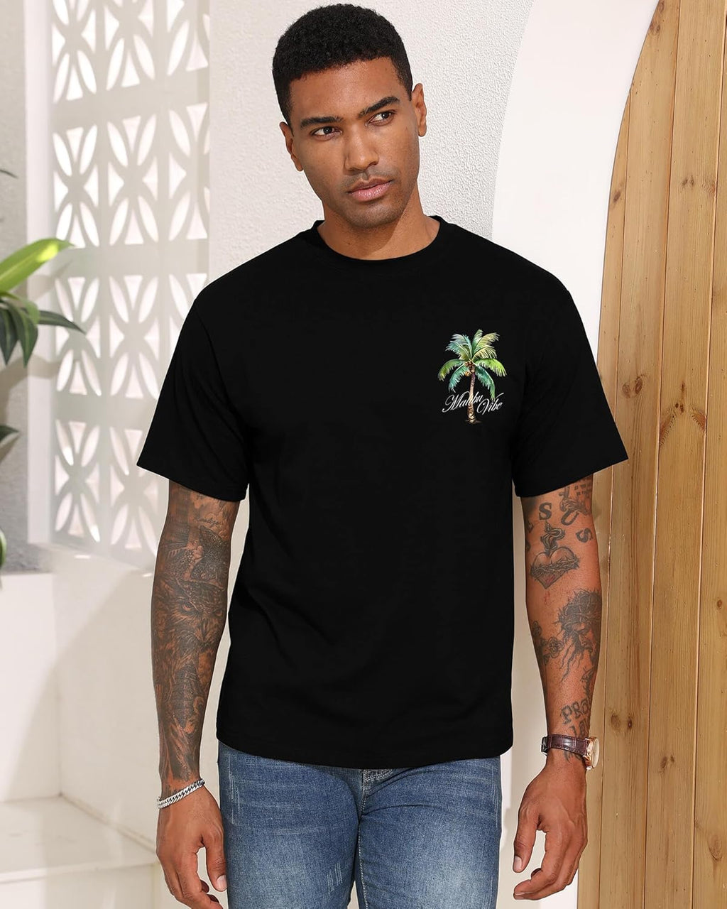Mens Graphic T-Shirts Short Sleeve Malibu Vibe Palm Tree Print Top 100% Cotton Casual California Tees for Men