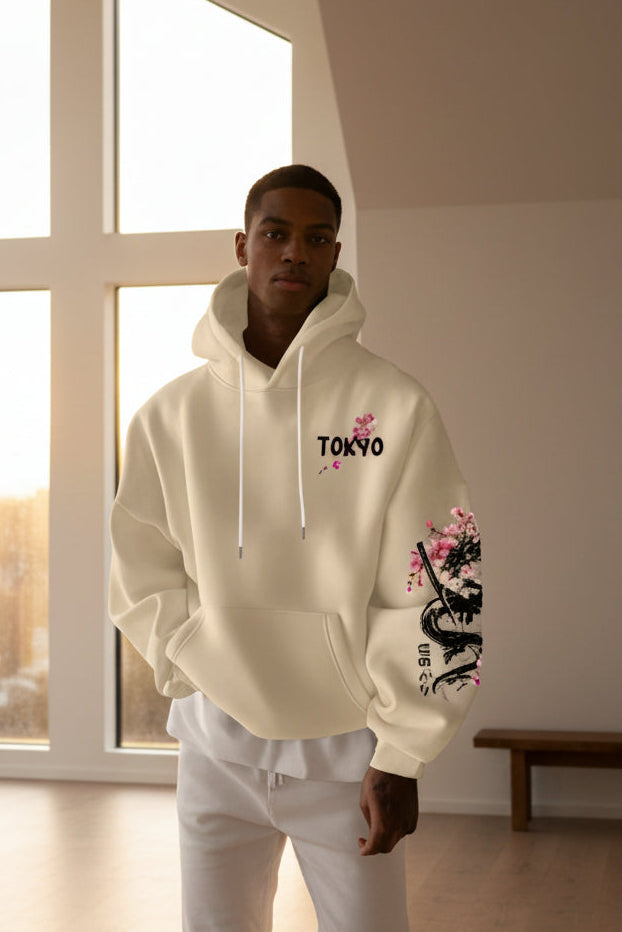 Men'S Anime-Style Dragon-Patterned Cherry Blossom Print Hooded Pullover for Winter Warmth, Loose and Casual Style