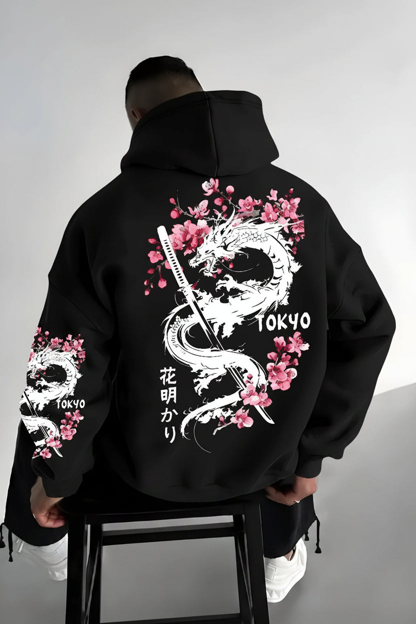 Men'S Anime-Style Dragon-Patterned Cherry Blossom Print Hooded Pullover for Winter Warmth, Loose and Casual Style